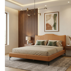 Lit king-size moderne en bois de luxe, magnifiquement recouvert de tissu bouclé blanc, taille personnalisable, construction en bois de pin de haute qualité - Product Image 1