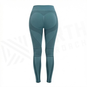 Leggings de yoga taille haute pleine longueur couleur vert sarcelle uni, maille côtelée sans couture, extensible dans les quatre sens, vêtements de sport pour femmes - Product Image 2