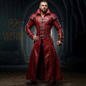 Manteau long en cuir véritable Eoin Winston Sports avec bordure rouge et emblème croix, ensemble complet de vêtements, Pakistan Ews0006 - Product Image 3