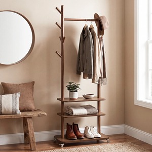 Porte-manteau en bois avec crochets et étagère pour rangement d'entrée, style rustique, sur pied, design à un seul niveau - Product Image 4