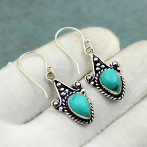 ต่างหูเทอร์ควอยซ์ทำมือ ชุบเงินบนทองเหลือง รูปทรงหยดน้ำ ประดับด้วยหิน ดีไซน์โบโฮ เอธนิค เหมาะสำหรับผู้หญิง เป็นของขวัญ - Product Image 1