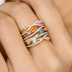 18K Multi Gemstone Crossover <b>Cocktail</b> Band <b>Ring</b> with Oval Peridot Citrine Garnet & Topaz - Product Image 1