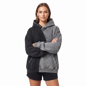 Sudadera con capucha para mujer al por mayor, bicolor, con lavado ácido, pedrería, oversize, de algodón grueso, hombro caído, con logo personalizado - Product Image 2
