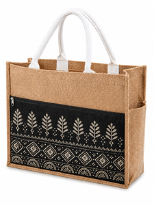 Sac fourre-tout en jute écologique surdimensionné avec poche avant zippée, panneau imprimé noir, grande capacité - Product Image 6