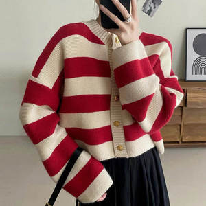 Cardigan en tricot rayé pour femme, manches longues, col rond, décontracté, longueur courte, fermeture à boutons, couleur contrastée, vêtements d'automne - Product Image 1