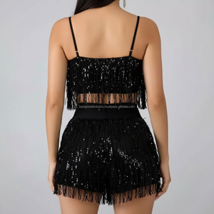 Costume de danse personnalisé pour femmes, noir, à franges et sequins, ensemble 2 pièces, haut court et short, pour spectacle sur scène, OEM - Product Image 2