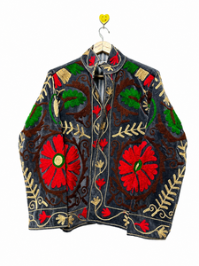 Chaqueta Acolchada Suzani de Terciopelo Ecológico Hecha a Mano para Mujer, Bordada con Flores, Estilo Boho Indio, Abrigo Regular Vintage de Algodón Transpirable - Product Image 1
