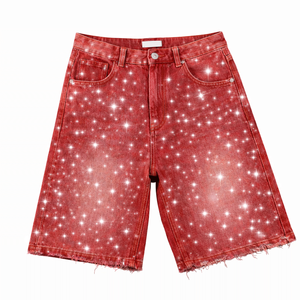 Shorts en jean décontractés pour hommes, couleur unie, délavés, ornés de strass, logo personnalisé, coupe ample, taille élastique, dernière collection - Product Image 1
