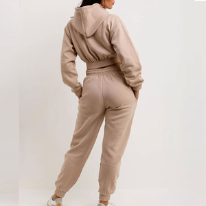 Ensemble de survêtement unisexe beige à capuche court, manches longues, couleur unie, décontracté, avec poches latérales et taille élastique, 100 % coton - Product Image 3