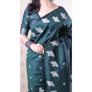 Sari de seda suave Elite Weaves Dual Zari con borde de pájaro, color verde botella, 650g, para ocasiones especiales - Product Image 3