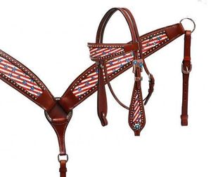 Ensemble de bride et de collier de poitrail en cuir occidental fait main de haute qualité avec incrustation drapeau américain, réglable pour l'équitation (tailles personnalisées) - Product Image 1