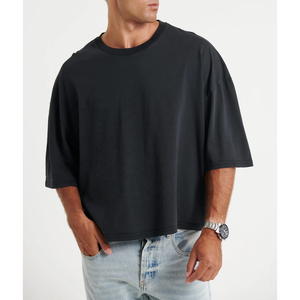 Camiseta de algodón grueso personalizada al por mayor para hombre, cuello grueso, blanca lisa, corte holgado, camiseta básica negra - Product Image 1