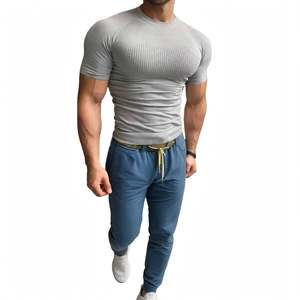 T-shirt de sport compressif pour homme, coupe ajustée, tricoté, respirant, séchage rapide, vêtements de sport, gym, course à pied, fitness - Product Image 5