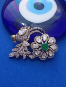 Broche unisexe en argent 925 plaqué or, faite à la main, en forme d'oiseau, avec pierre Polki doublette verte, pour bijoux et vêtements de mariage indien - Product Image 6