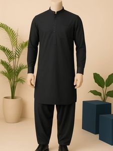 Traje Kurta Salwar de Algodón Negro para Hombre, Ropa Casual Tradicional India y Pakistaní, Largo hasta el Tobillo, Corte Regular, para Todas las Temporadas - Product Image 4