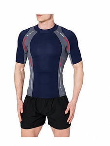 <b>Men's</b> Blue Short Sleeve Neoprene Rash Guard Gray Red Color Block Design Quick Dry Breathable <b>Compression</b> Sublimation Printed Top - Product Image 1