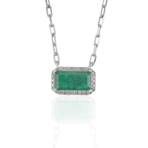 Stunning 6x11 mm Octagon Shape Natural <b>Emerald</b> Gemstone & Round Diamond Cluster 925 Silver <b>Pendant</b> Necklace For Women's - Product Image 1