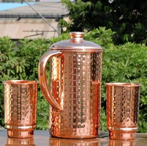 Ensemble de carafes en cuivre de qualité restaurant avec pichet à eau ayurvédique en verre, fournisseur en gros d'exportation Inde - Product Image 3