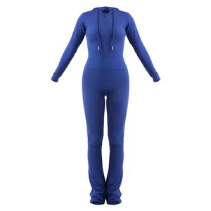 Combinaison longue pour femme, bleue, taille haute, manches longues, col polo, fermeture éclair, couleur unie, décontractée, respirante, en spandex et polyester - Product Image 5