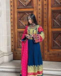 Elegant Afghan Kuchi <b>Dress</b> Women Embroidered <b>Velvet</b> <b>Maxi</b> A-Line Gown Boat Neck Full <b>Sleeve</b> Handmade Contrast Color Evening - Product Image 5