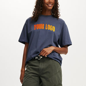T-shirt ample à col rond pour femme, prix abordable, bleu marine, manches courtes, coupe ample, 100% coton jersey, imprimé logo, toutes saisons - Product Image 1