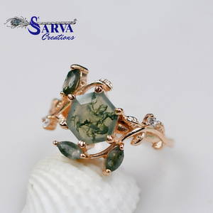 Women's Rose Gold Plated 925 Silver <b>Moss</b> <b>Agate</b> Hexagon Cut Vintage Plant Design Wedding <b>Ring</b> for Party - Product Image 5