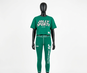 Ensemble de vêtements de sport pour femmes en polyester et élasthanne, t-shirt et legging, tenue de sport verte, panneau à couture contrastée, impression de logo personnalisé, ensembles pour femmes - Product Image 1
