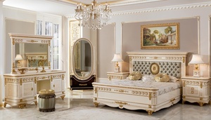 Luxury Modern Solid Teak Wood Bedroom Set King Size Bed Gold Geometric Inlay Wardrobe 2 Nightstands <b>Dressing</b> Table with Mirror - Product Image 5