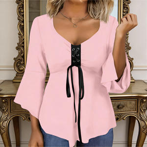 Oferta especial en blusa de moda para mujer de Temu, con cuello en V, cordones en la parte delantera, mangas acampanadas, dobladillo asimétrico, estilo casual y holgado para el fin de semana. - Product Image 4