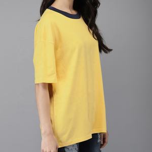 Camiseta de mujer de gran tamaño con hombros caídos de calle de alta calidad personalizada, camisetas de niña de algodón 100% de manga corta acanaladas en contraste - Product Image 2