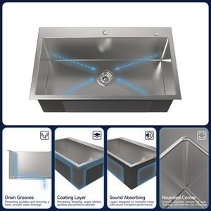 Lavello da cucina singolo da incasso in acciaio inox 304 satinato, 81x48x25 cm, a forma quadrata, spesso, per uso domestico - Product Image 2