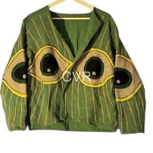 Manteau en coton vert rayé à col en V avec motif œil contrastant, manches longues, vêtement d'extérieur décontracté pour adultes, idéal pour le printemps - Product Image 1