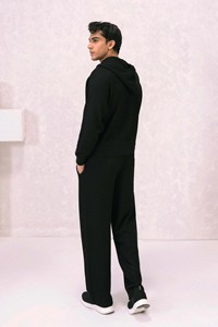 Unisex <b>Black</b> Hooded Printed Streetwear Tracksuit Set 100% Cotton Solid Color Casual Full Length Drawstring Side Pockets Winter - Product Image 2