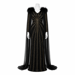 Luxury Black Gold Sequin Evening Gown Women | Feather Shoulder Cape Sleeve Formal Party Dress Designer Red Carpet Maxi Wear Gown - Product Image 1