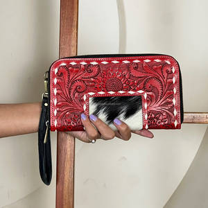 Premium Genuine Full Hand Tooled Cowhide Leather Zipper Western Long Wallet Sunflower Design Mini <b>Purse</b> for Women Daily Uses - Product Image 2