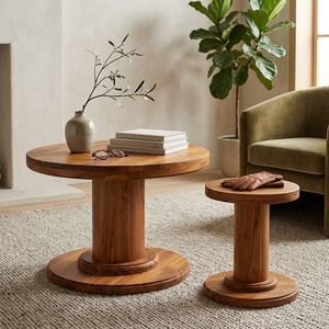 New Modern Minimalist Rhodes <b>Round</b> Coffee <b>Table</b> Natural Solid Teak Wood Pedestal Base Center Tea Accent <b>Table</b> Living Room Patio - Product Image 5