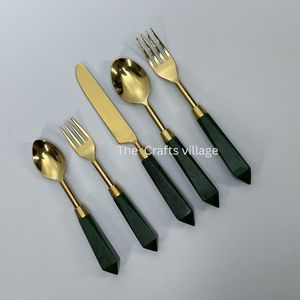 Modern Gold Cutlery Set with Green <b>Acrylic</b> Handles Premium Flatware Dining Utensils for Wedding and Daily Use - Product Image 2