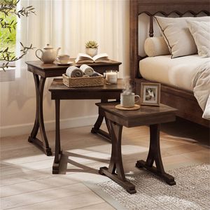 Elegante Set di 3 Tavolini da Caffè Impilabili Convertibili e Salvaspazio con Finitura in Legno Vintage per Soggiorno - Product Image 2