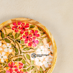 Round Resin Epoxy Serving <b>Tray</b> with Floral Mosaic Design Modern Luxury Kitchen <b>Storage</b> <b>Tray</b> for Tea Coffee Snacks Easy Clean - Product Image 2