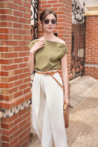 Women's Cream Modern Wide Leg Open <b>Split</b> Pants Polyester Spandex Premium Tailored <b>Trousers</b> Casual Style ELOWEN - Product Image 4