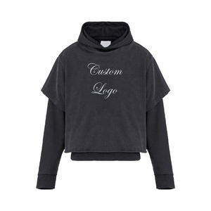 เสื้อฮู้ดดี้ผู้ชายแบบสองชั้นสีดำ ผ้าฝ้ายแท้ 100% สั่งทำพิเศษ ทรงโอเวอร์ไซส์ แขนสั้น แต่งลายขาดๆ แบบโอเวอร์เลย์ หนานุ่ม น้ำหนักมาก - Product Image 2