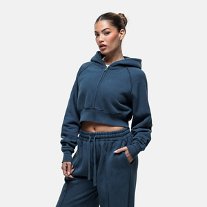 Sudadera con capucha para mujer, estilo crop top, lisa, con cremallera, a la moda, para gimnasio, precio al por mayor, OEM. - Product Image 3