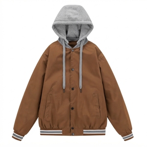 Veste universitaire marron pour homme avec capuche amovible, décontractée, grande taille, pour l'automne, coupe classique, polyester et coton, fermeture éclair - Product Image 3