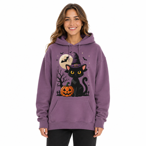 Sudadera con Capucha Morada para Mujer con Estampado de Gato de Halloween, Diseño de Sombrero de Bruja y Luna de Calabaza, Ajuste Regular, Algodón, Proveedor de Logotipos Personalizados - Product Image 1