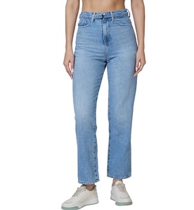 Precio al por mayor: Jeans rectos ajustados transpirables de talla grande para mujer, lavados, con logo personalizado, de cintura alta, de BD. - Product Image 4
