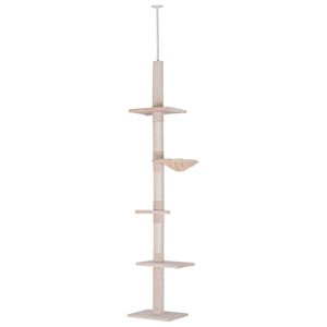 Albero per Gatti Verticale Beige da 2,6 m, Altezza Regolabile da Pavimento a Soffitto, 5 Piattaforme Tappetinate, 3 Aree di Tiraggio in Corda di Sisal, per Arrampicata Gatti - Product Image 1