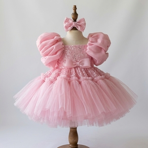 Vestido de Princesa con Lentejuelas Rosas para Niñas, con Mangas Abullonadas de Organza y Lazo, para Fiestas de Cumpleaños, Desfiles, Damas de Honor y Sesiones de Fotos - Product Image 1