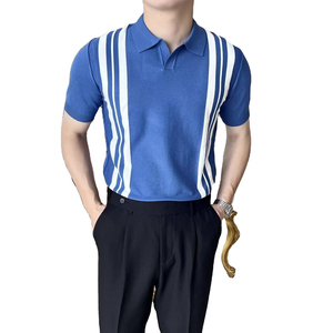 Polo en tricot rayé noir pour homme, manches courtes, style décontracté chic, en coton - Product Image 4