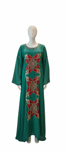 Robe maxi kaftan islamique élégante en georgette vert émeraude, ornements en cristal violet royal, broderies dorées scintillantes - Product Image 3