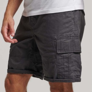 Men's Dark Gray Washed Solid Cargo Shorts 100% Cotton Canvas Breathable Mid Rise <b>Elastic</b> Waist Casual Fit Bermuda Length Pockets - Product Image 2